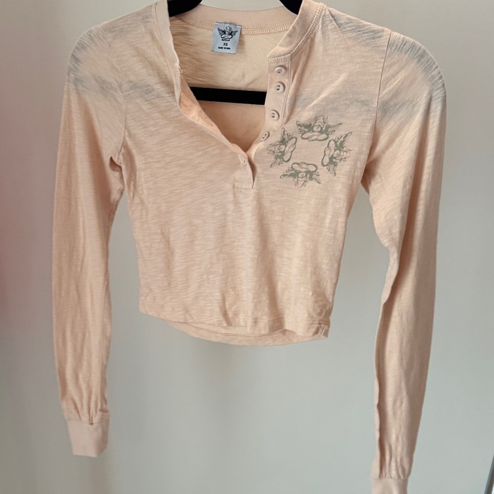 Boys Lie Women's Long-Sleeve Henley in Light Peach with Chest Graphic